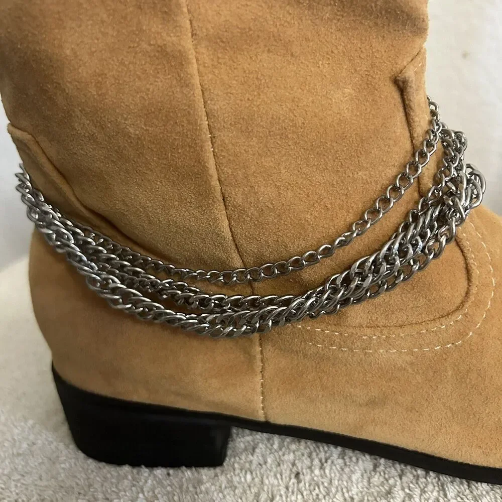 Black and Street Handmade Men's 44 US 10 Wedge Leather Silver Chain Tassel Boots
